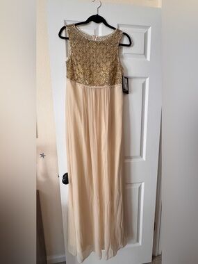 JS Boutique Gold Sequin Bodice Cream Maxi Column Gown